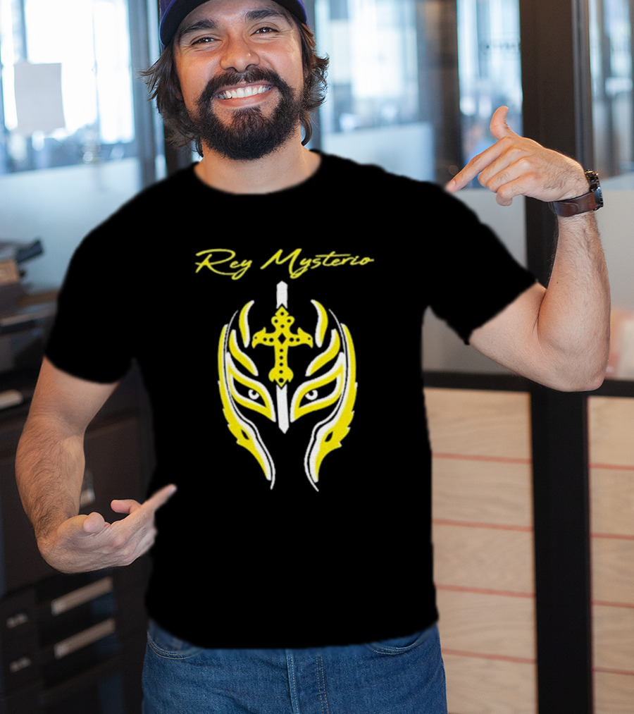 Rey Mysterio Cross Mask Icon With Yellow And White Accents T-Shirt