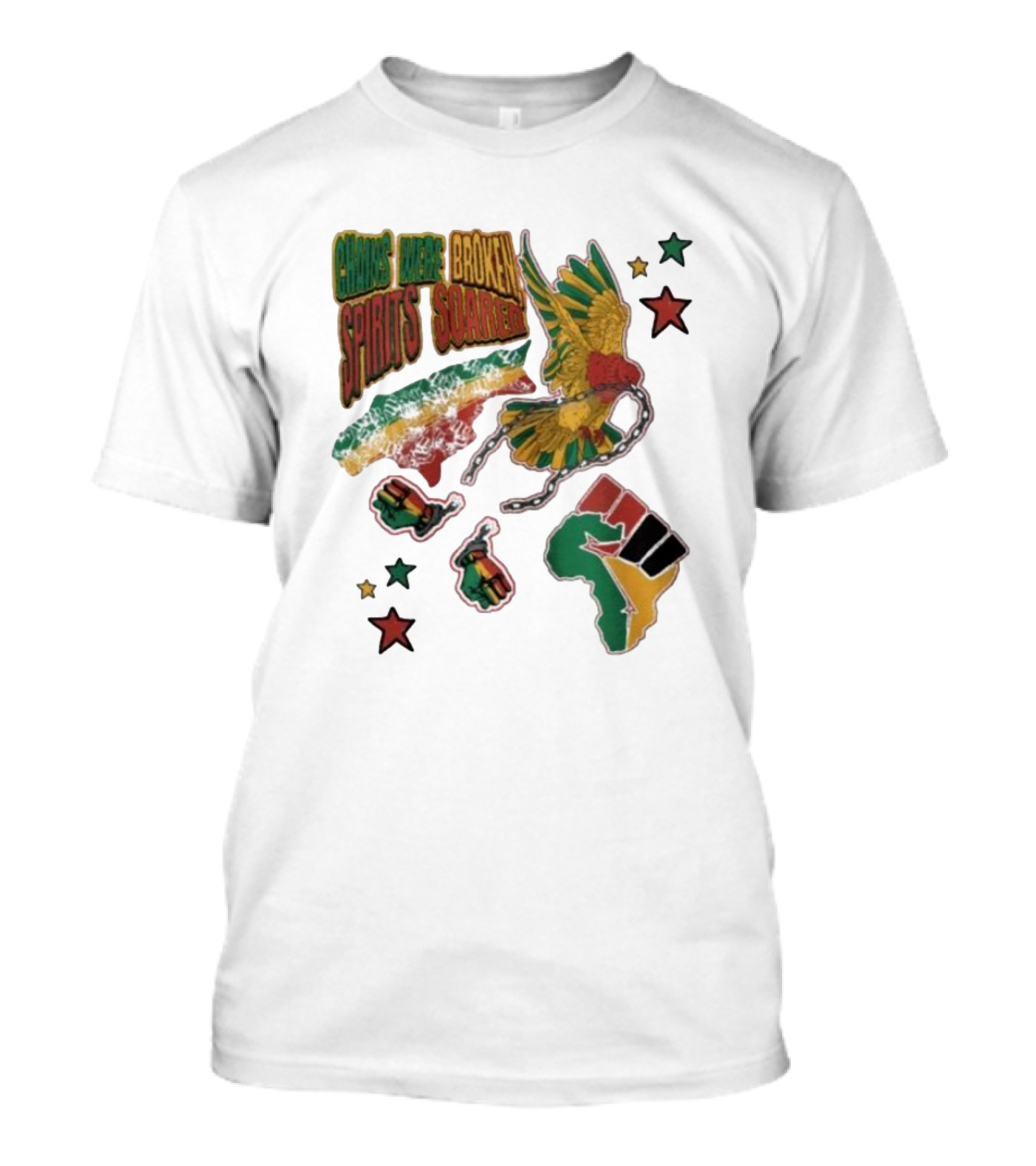 Chains Were Broken Spirits Soared Rasta Colors Fist Bird Stars T-Shirt