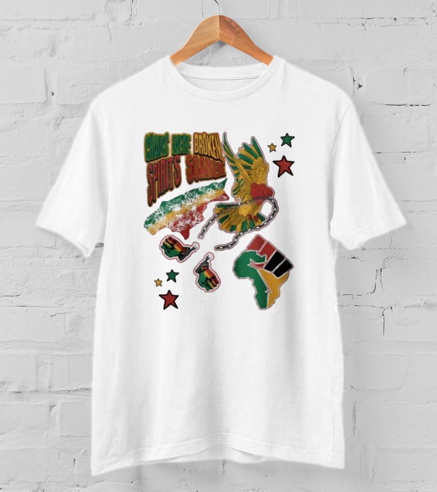 Chains Were Broken Spirits Soared Rasta Colors Fist Bird Stars T-Shirt