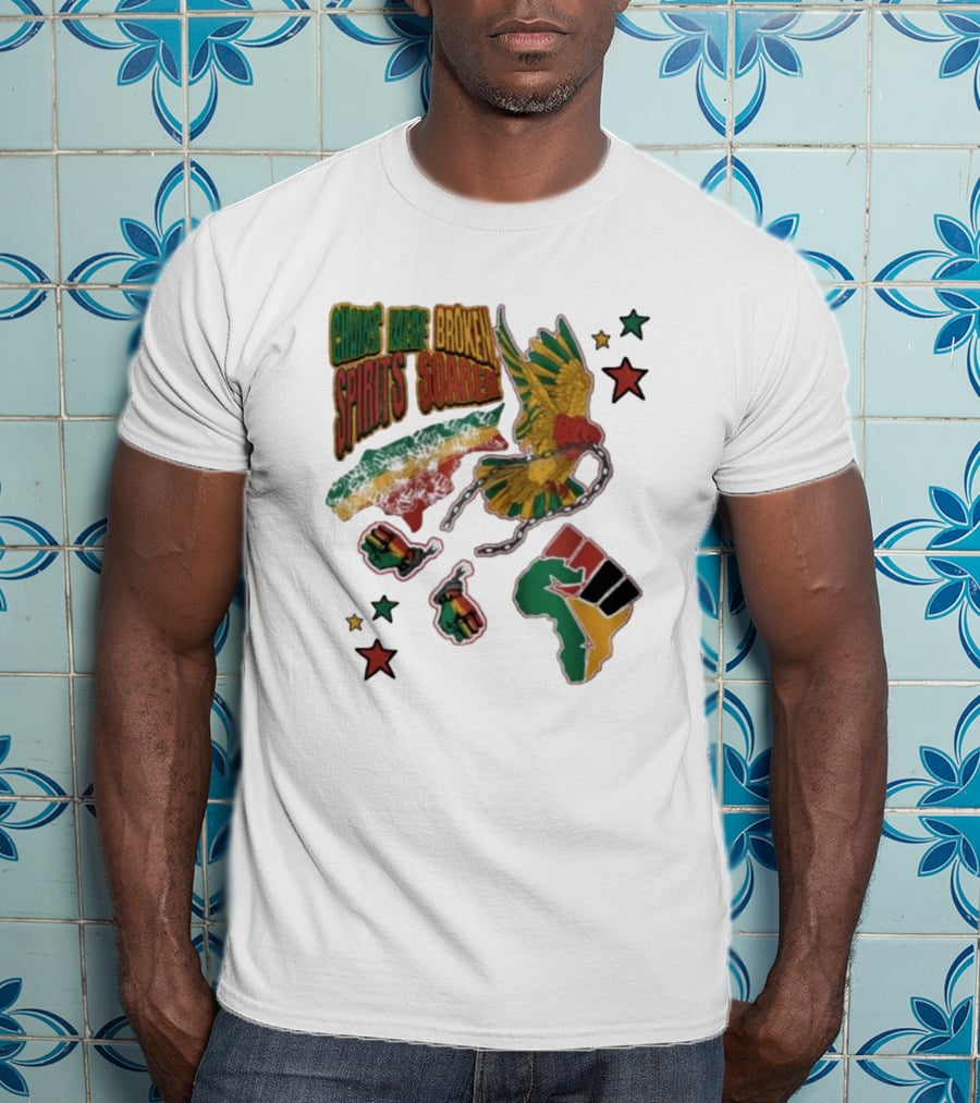 Chains Were Broken Spirits Soared Rasta Colors Fist Bird Stars T-Shirt
