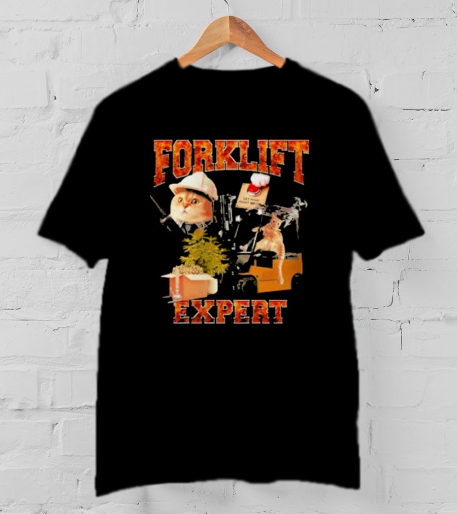 Forklift Expert Cat Hard Hat Red Button Plant Box Image T-Shirt
