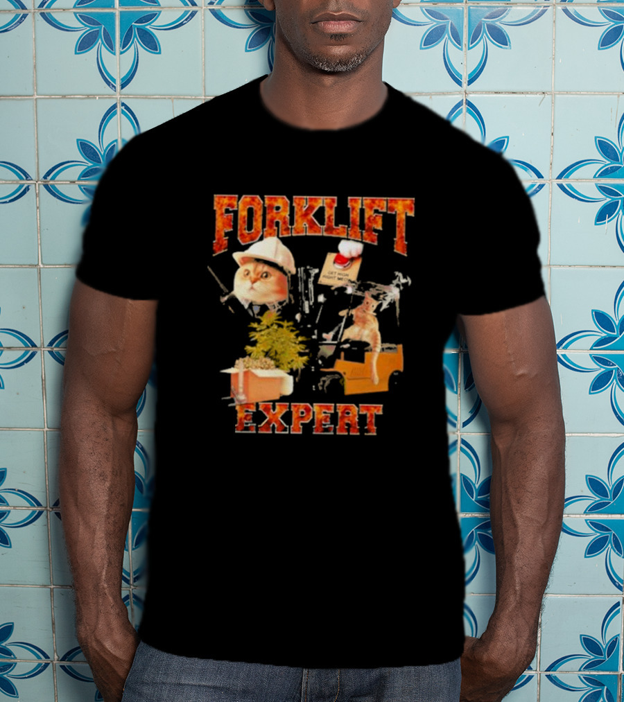 Forklift Expert Cat Hard Hat Red Button Plant Box Image T-Shirt