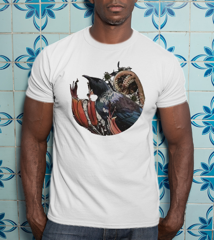 Tui’s Floral Harmony New Zealand Bird And Fern Motif T-Shirt