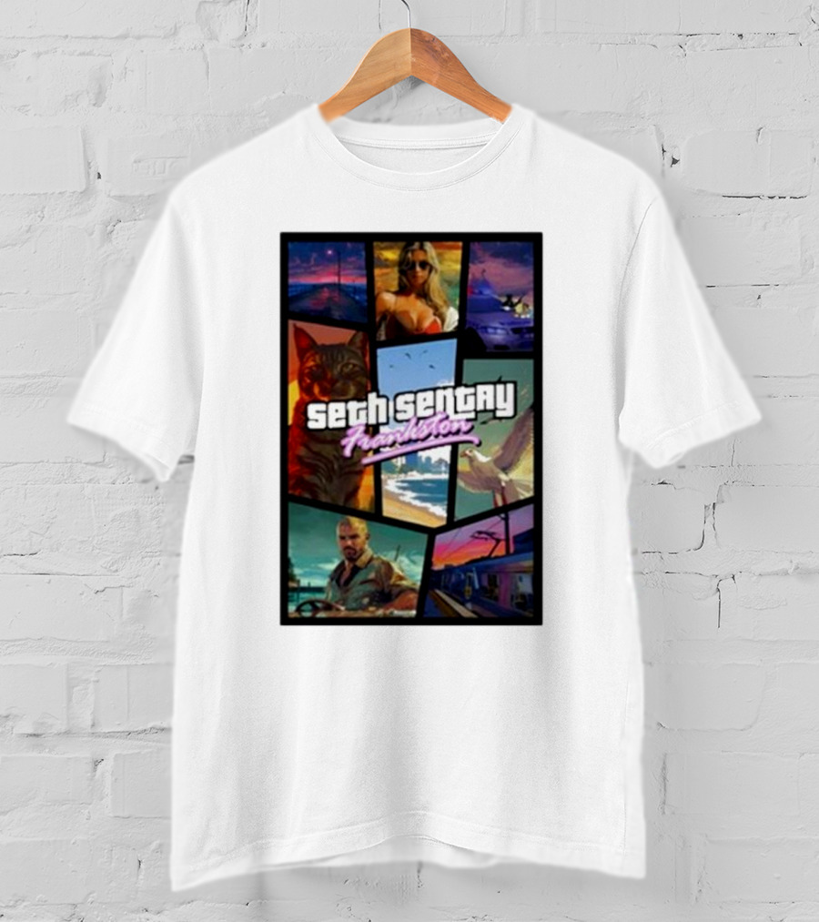 Seth Sentry Frankston GTA Style Art With Cat And City Scenes T-Shirt