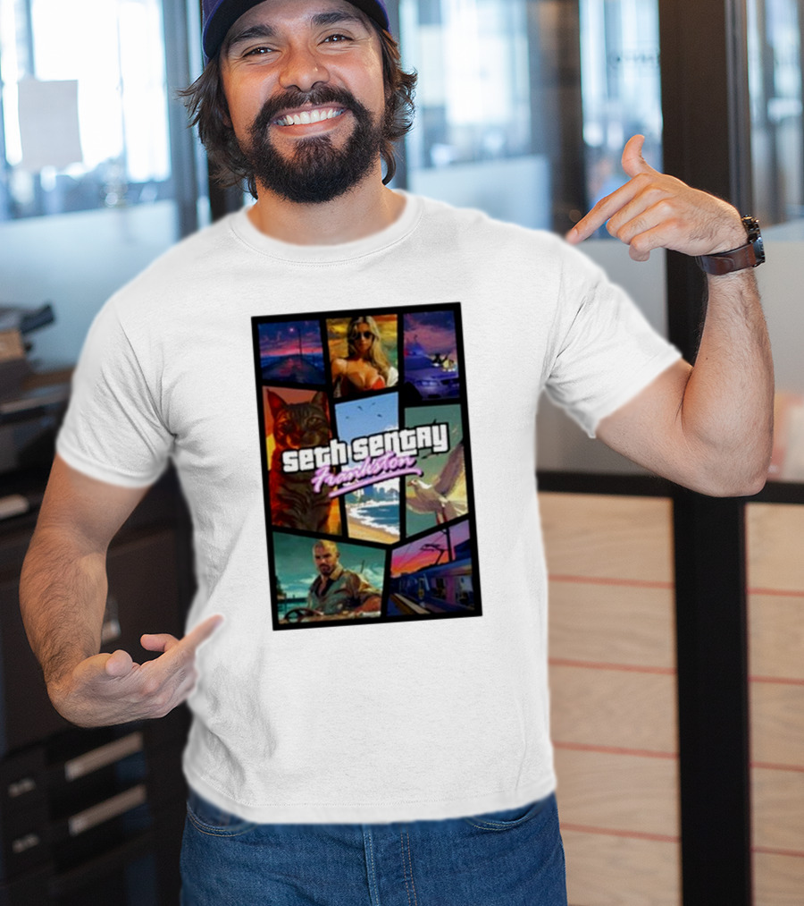 Seth Sentry Frankston GTA Style Art With Cat And City Scenes T-Shirt