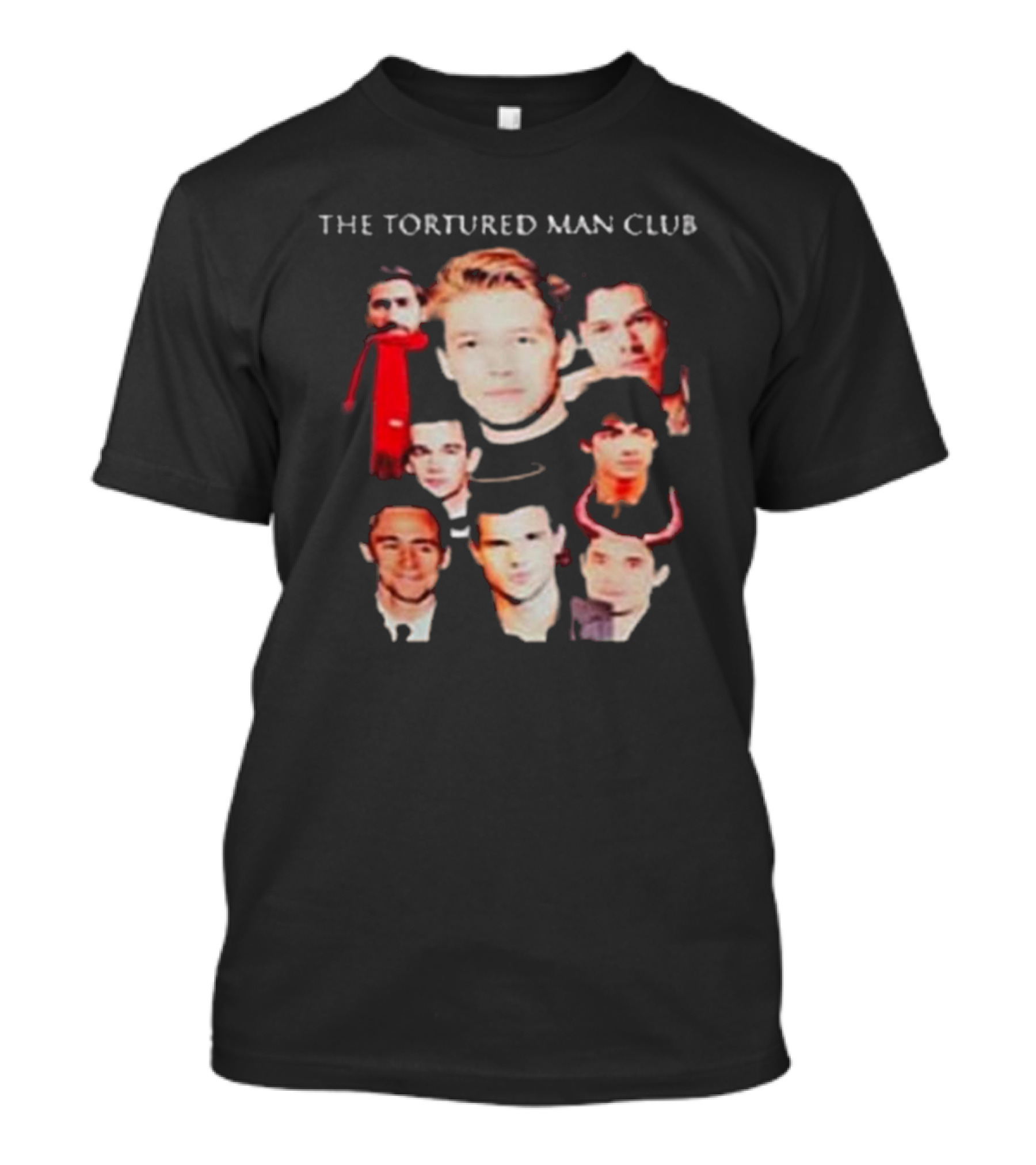 The Tortured Man Club: Collage Of Faces With Red Scarf And Horns T-Shirt