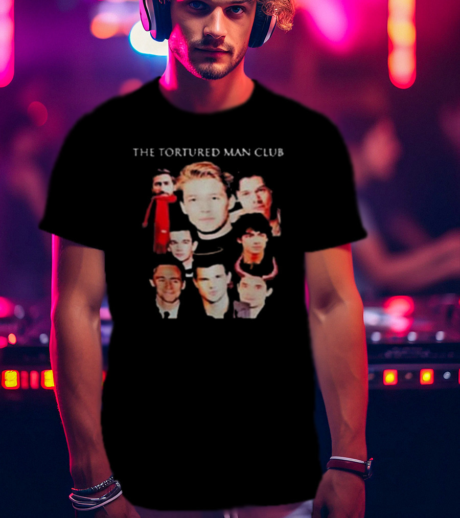 The Tortured Man Club: Collage Of Faces With Red Scarf And Horns T-Shirt