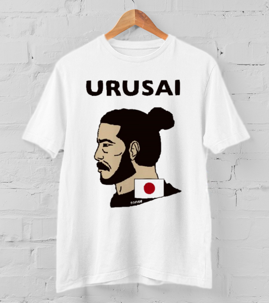 URUSAI Hiragana Ninja Japan Samurai Man Bun Profile With Flag T-Shirt