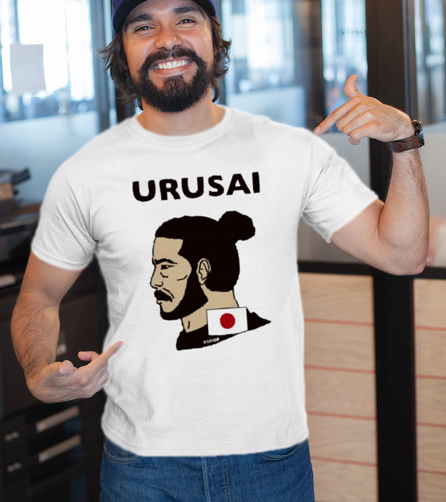 URUSAI Hiragana Ninja Japan Samurai Man Bun Profile With Flag T-Shirt