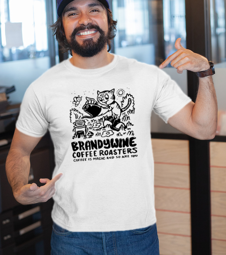Brandywine Coffee Roasters Coffee Is Magic And So Are You Cat Pouring Coffee Outdoor Scene T-Shirt