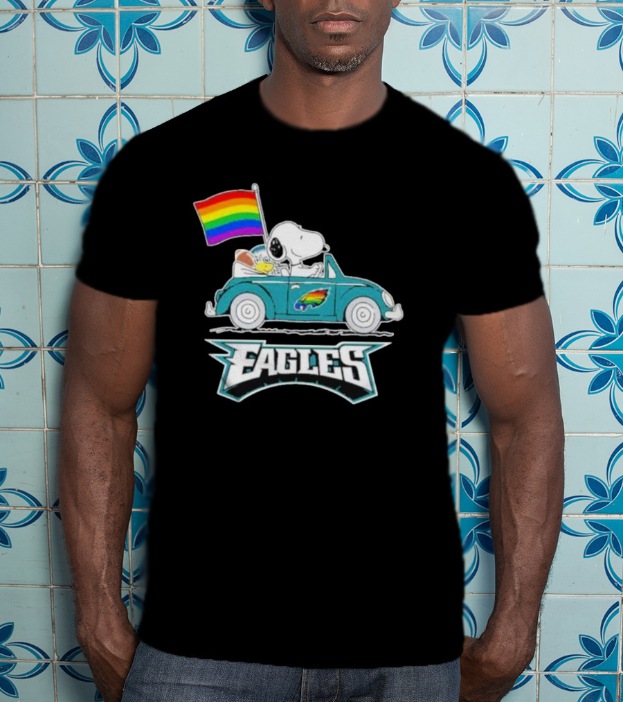 Philadelphia Eagles Pride Month Snoopy And Woodstock Rainbow Flag Parade T-Shirt