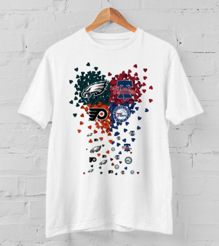 Philadelphia Eagles Phillies Flyers 76ers Logos And Hearts T-Shirt