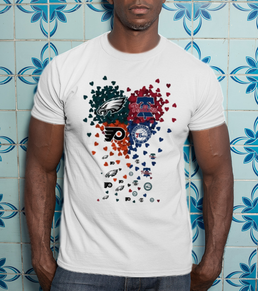 Philadelphia Eagles Phillies Flyers 76ers Logos And Hearts T-Shirt
