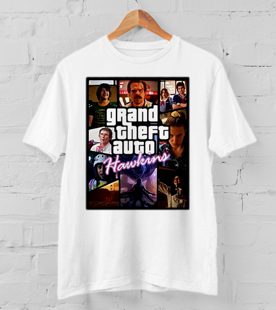 Stranger Things 3 Grand Theft Auto Hawkins Vintage Style Collage T-Shirt