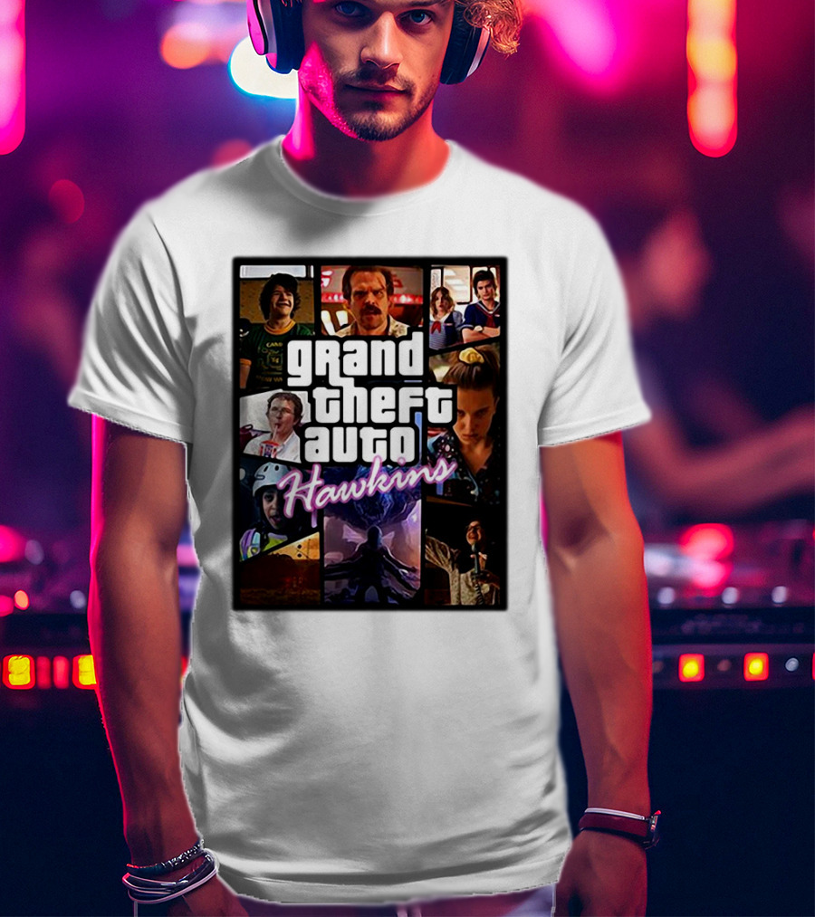 Stranger Things 3 Grand Theft Auto Hawkins Vintage Style Collage T-Shirt