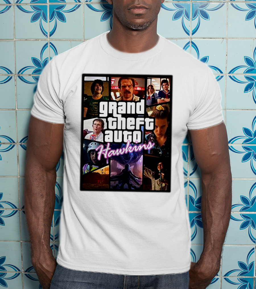 Stranger Things 3 Grand Theft Auto Hawkins Vintage Style Collage T-Shirt