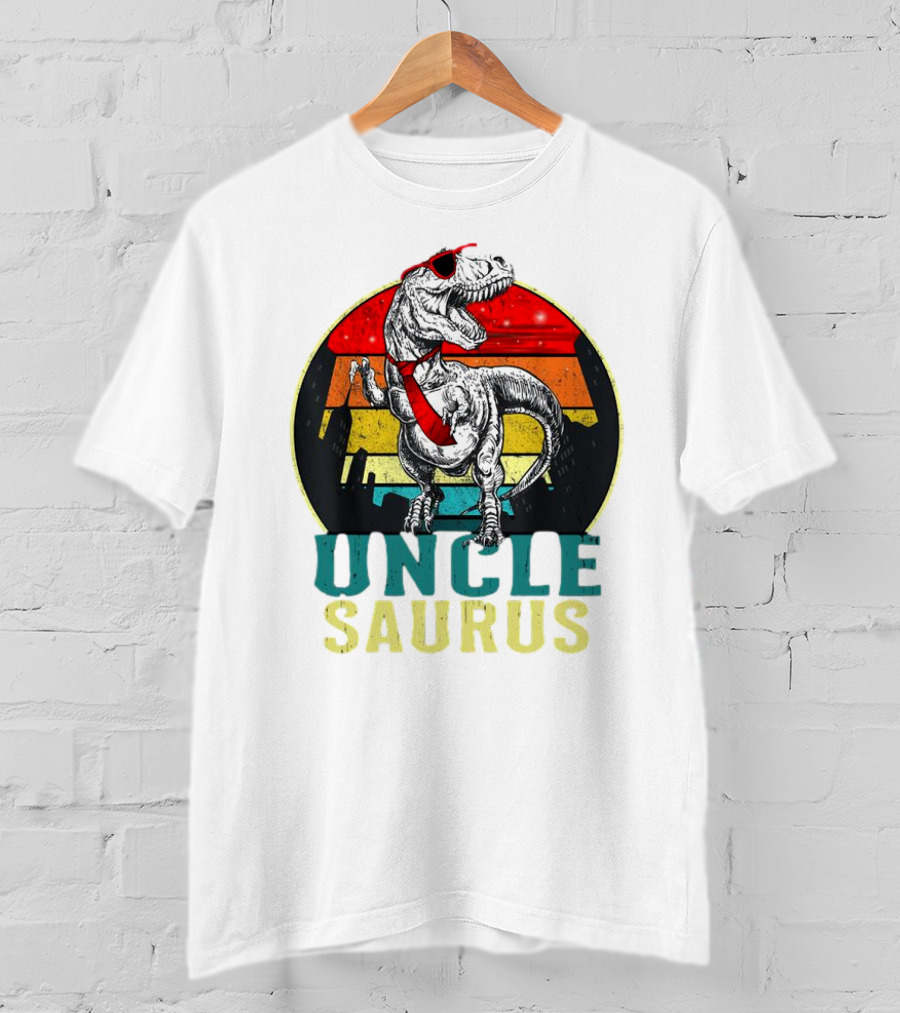 Uncle Saurus Rex Dinosaur With Sunglasses And Red Tie Fathers Day T-Shirt