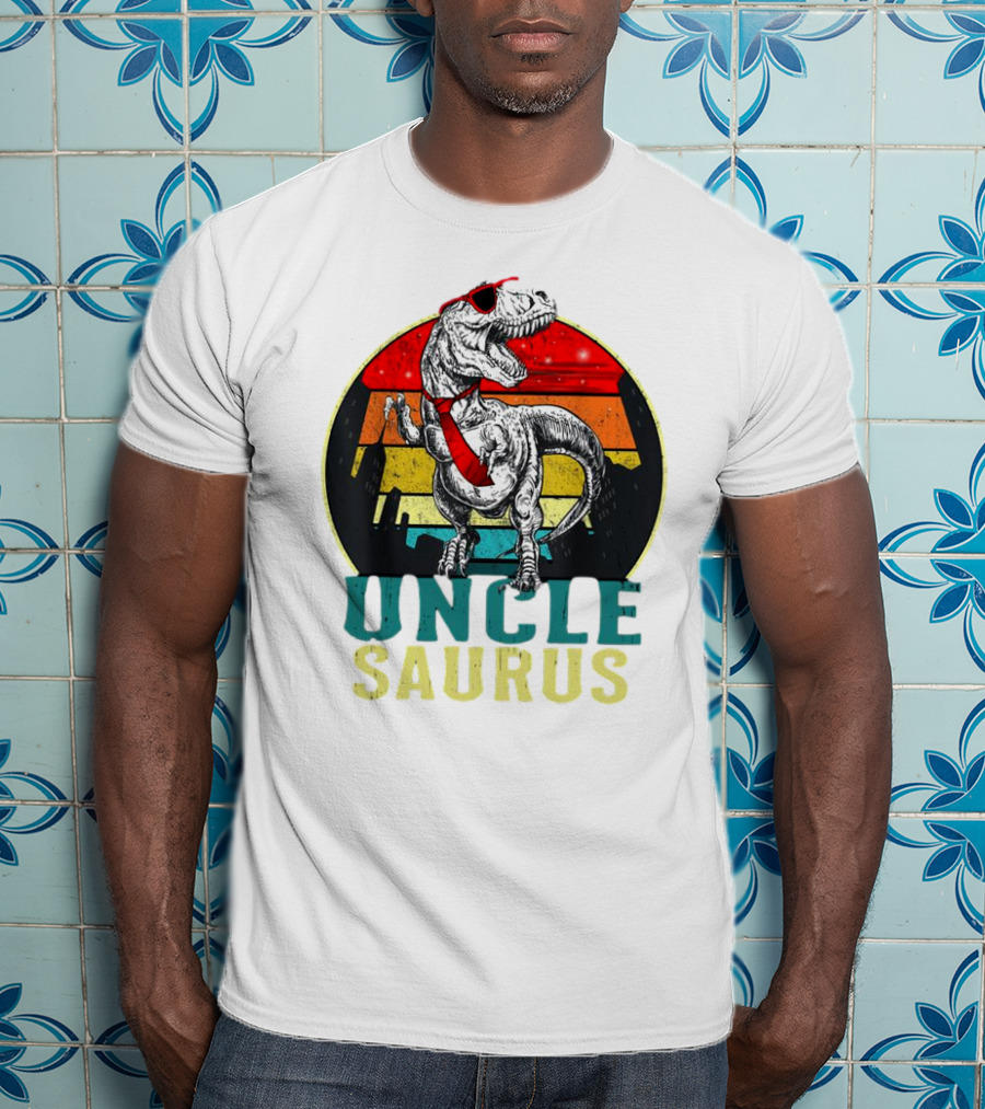 Uncle Saurus Rex Dinosaur With Sunglasses And Red Tie Fathers Day T-Shirt
