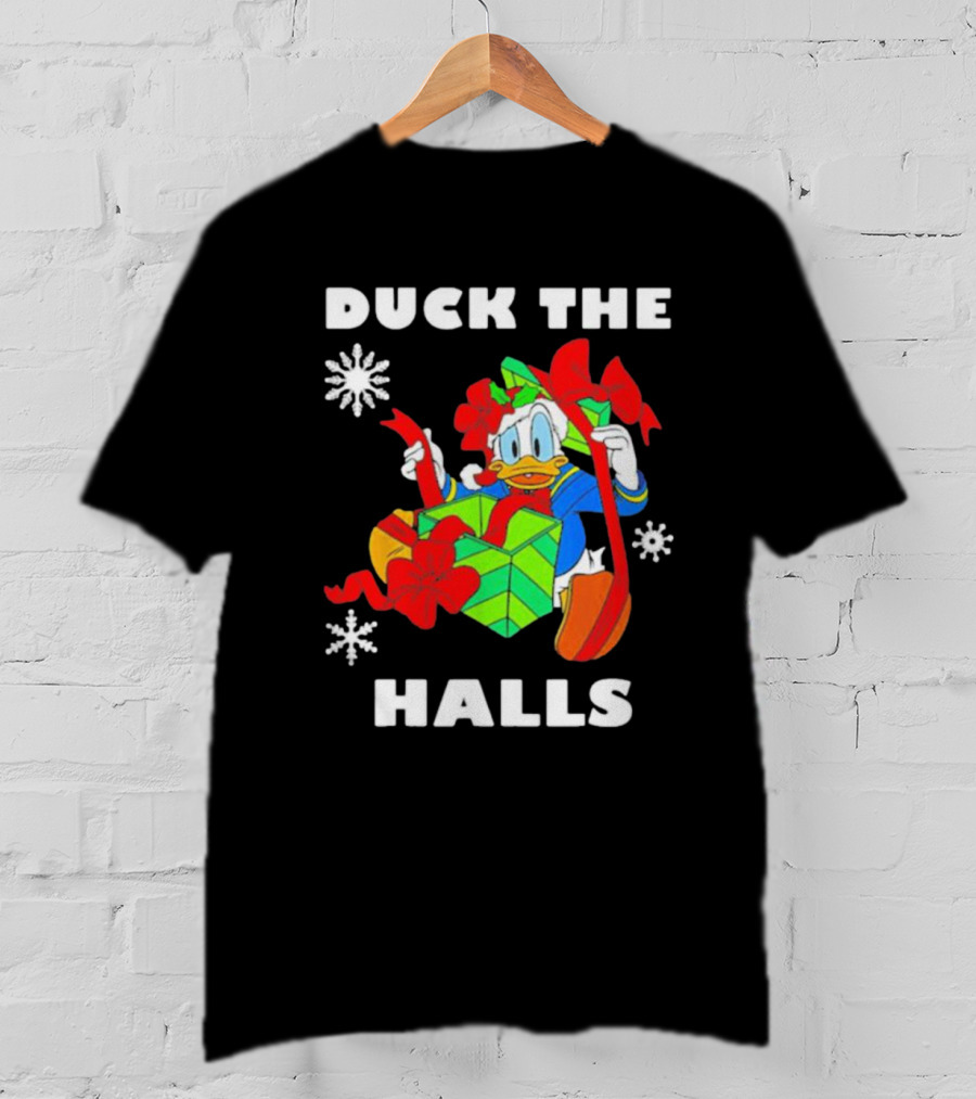 Duck The Halls Christmas With Present And Snowflakes T-Shirt