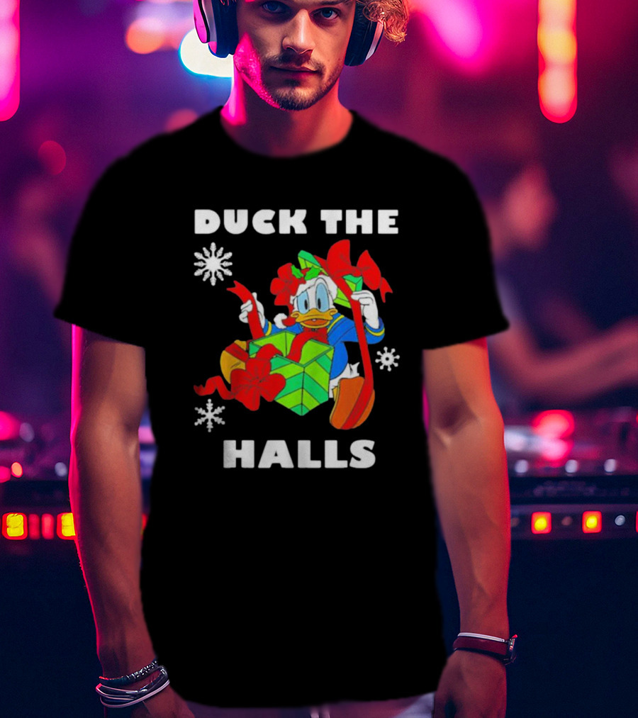Duck The Halls Christmas With Present And Snowflakes T-Shirt