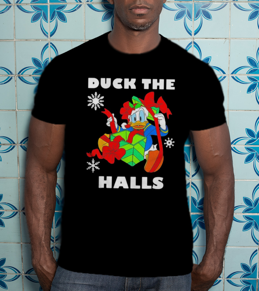Duck The Halls Christmas With Present And Snowflakes T-Shirt