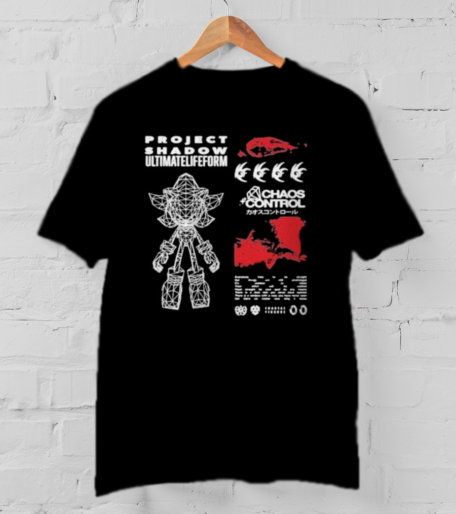 Project Shadow Ultimate Lifeform Chaos Control Japanese Text Wireframe Character Red Elements T-Shirt