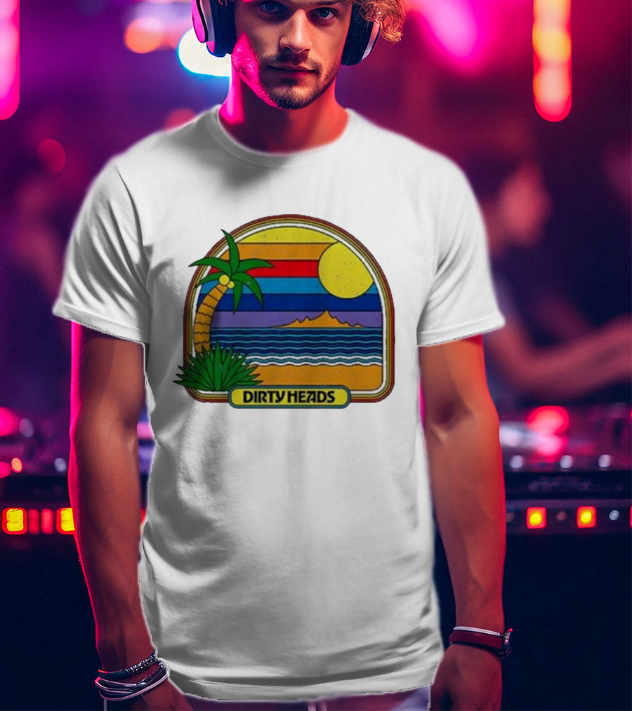 Dirty Heads Retro Beach Sunset Palms Ocean Scene T-Shirt