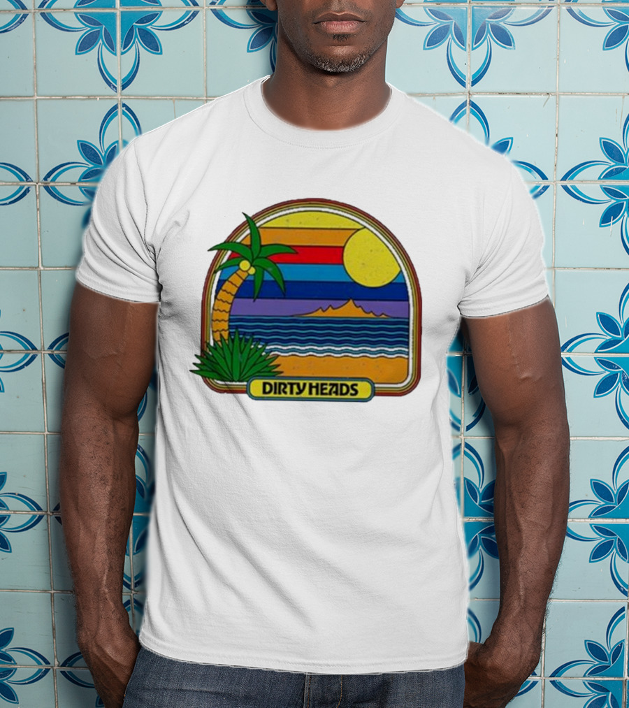 Dirty Heads Retro Beach Sunset Palms Ocean Scene T-Shirt