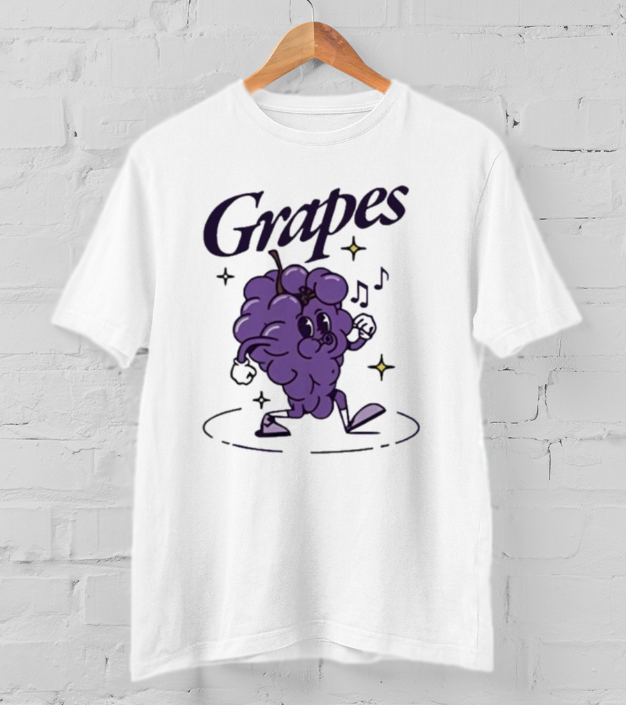 James Marriott Grapes Dancing Purple Cartoon With Musical Notes And Stars T-Shirt