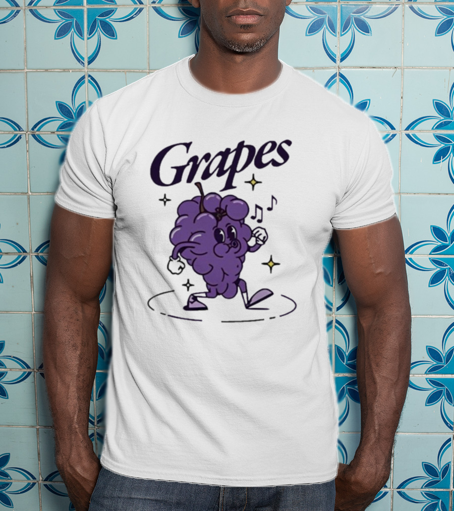 James Marriott Grapes Dancing Purple Cartoon With Musical Notes And Stars T-Shirt