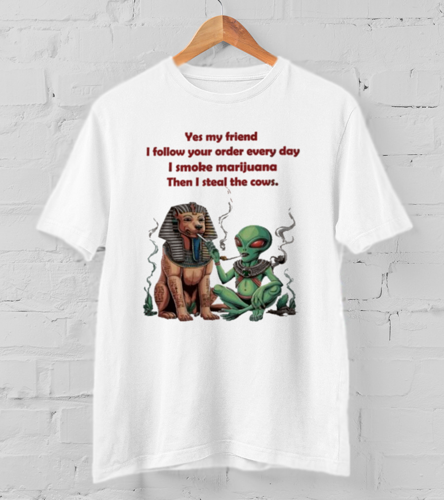 Yes My Friend I Follow Your Order Every Day I Smoke Marijuana Then I Steal The Cows Alien With Sphinx Smoking T-Shirt