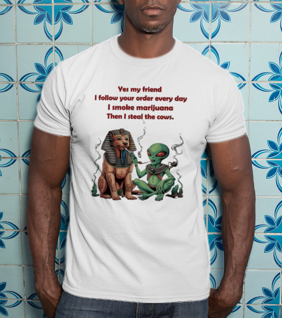 Yes My Friend I Follow Your Order Every Day I Smoke Marijuana Then I Steal The Cows Alien With Sphinx Smoking T-Shirt