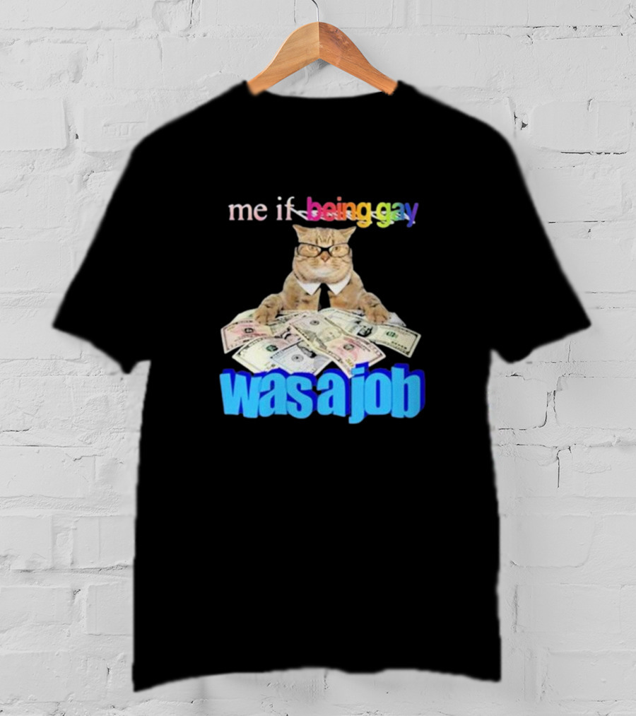 Cat With Money And Rainbow Text Me If Being Gay Was A Job T-Shirt