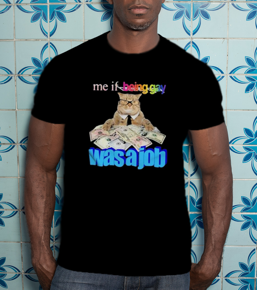 Cat With Money And Rainbow Text Me If Being Gay Was A Job T-Shirt