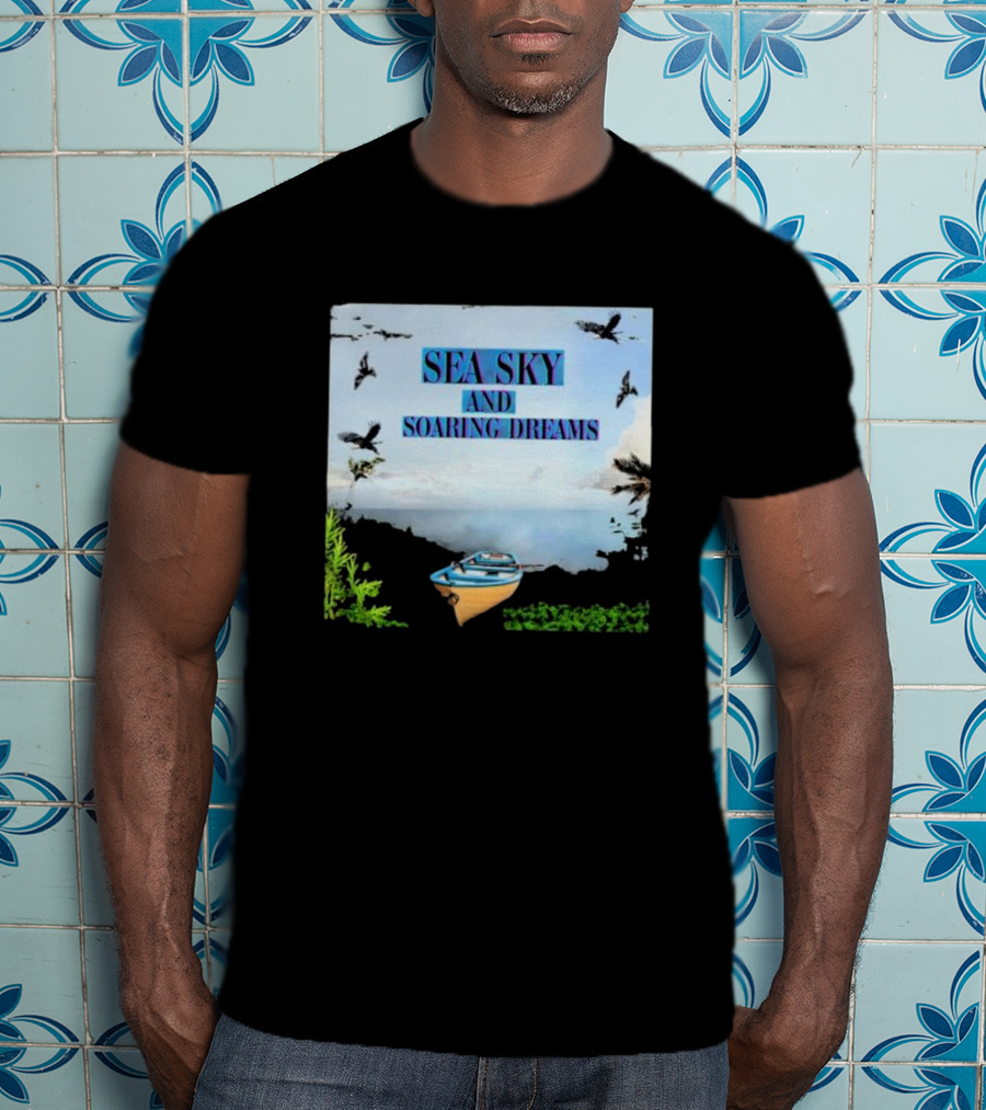 SEA SKY AND SOARING DREAMS WITH BIRDS AND BOAT IN NATURE SCENE T-Shirt