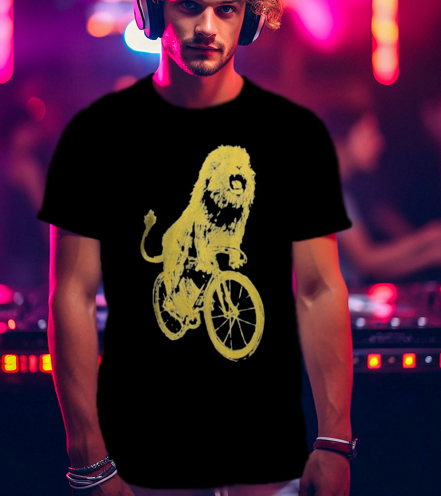 Lion Riding Bicycle Sketch Yellow T-Shirt