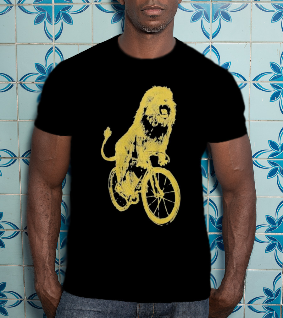 Lion Riding Bicycle Sketch Yellow T-Shirt