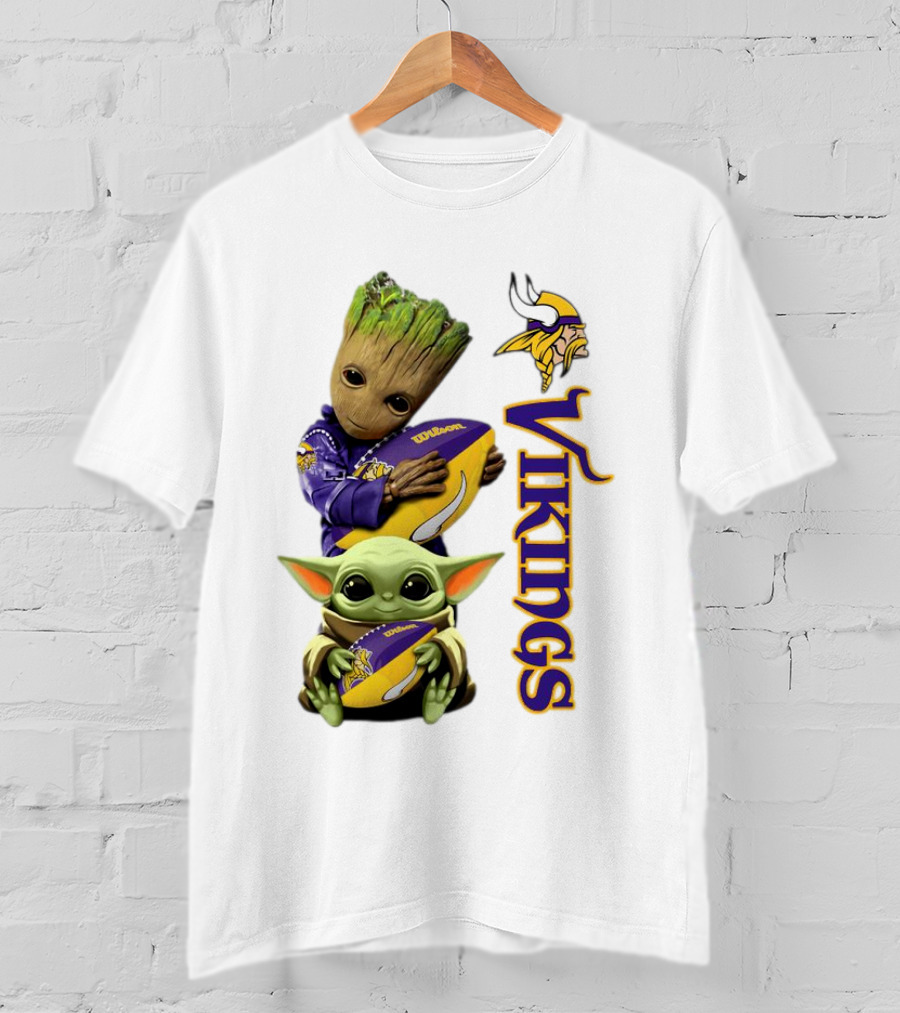 Baby Groot And Yoda Hugging Minnesota Vikings Football T-Shirt