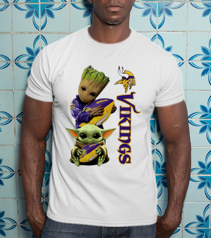 Baby Groot And Yoda Hugging Minnesota Vikings Football T-Shirt