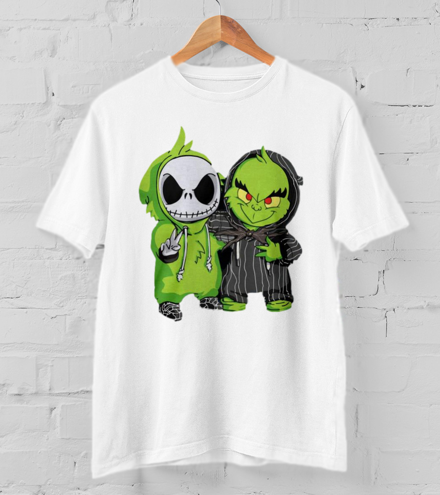Baby Jack Skellington And Grinch In Green Hoodies T-Shirt