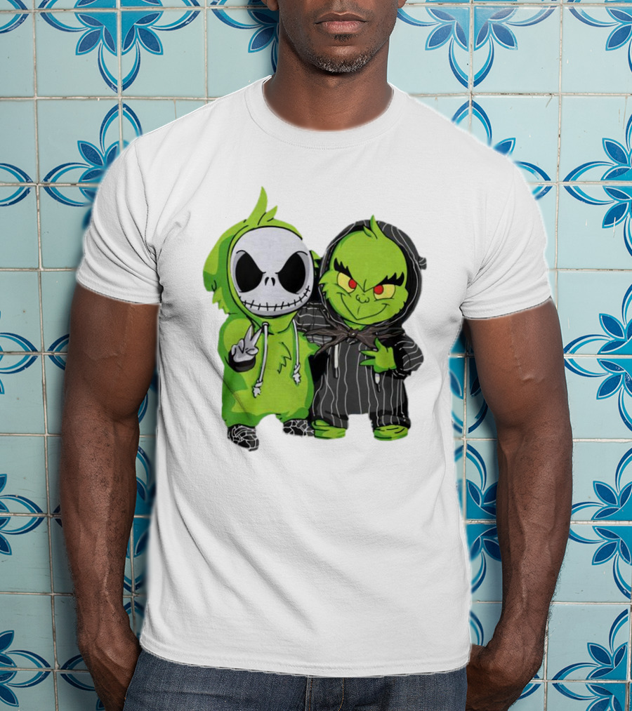 Baby Jack Skellington And Grinch In Green Hoodies T-Shirt