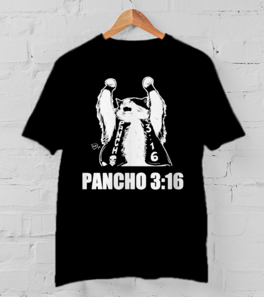 Pancho 3:16 Cat Illustration With Skull Motif And Raised Paws T-Shirt