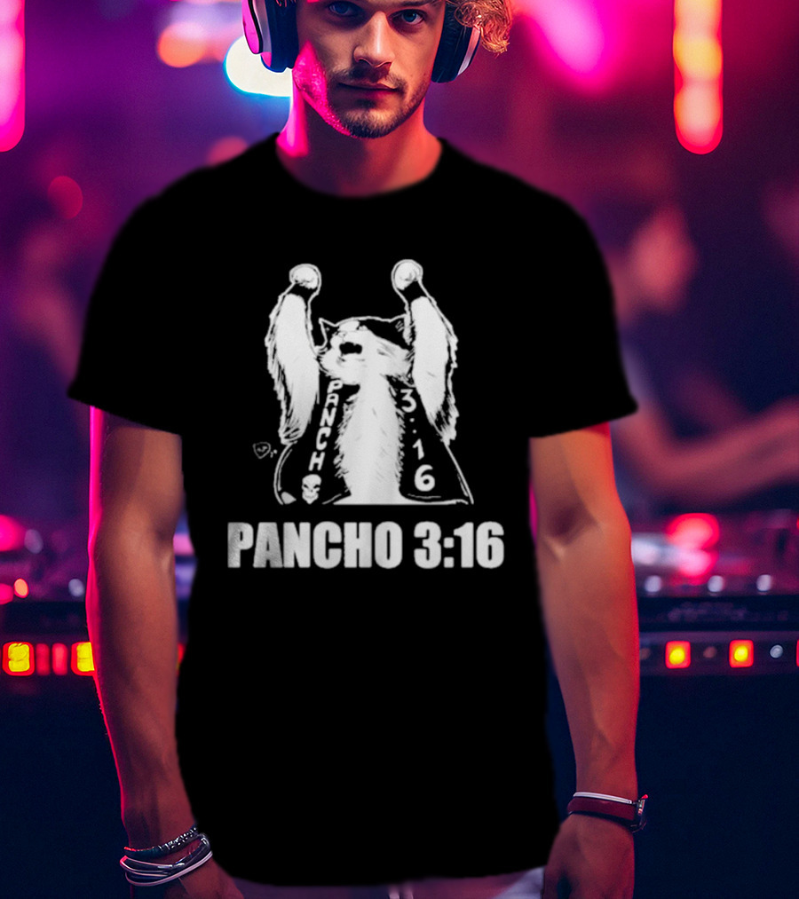 Pancho 3:16 Cat Illustration With Skull Motif And Raised Paws T-Shirt