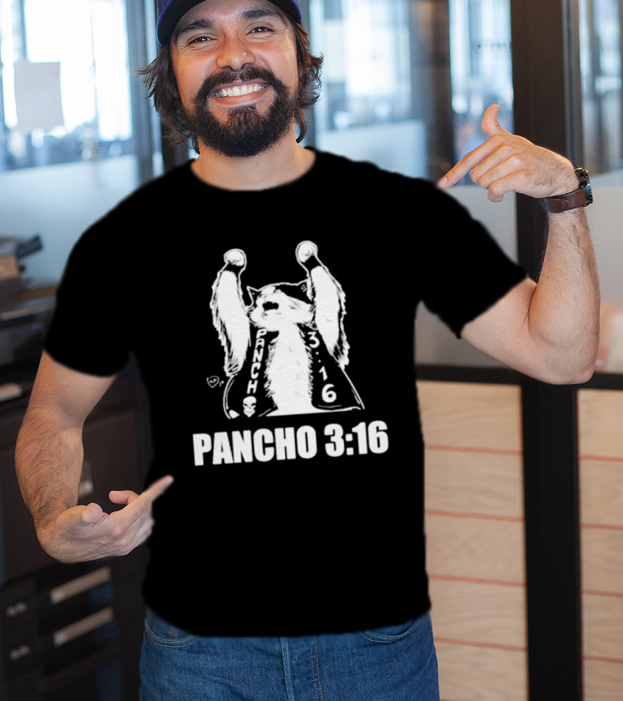 Pancho 3:16 Cat Illustration With Skull Motif And Raised Paws T-Shirt