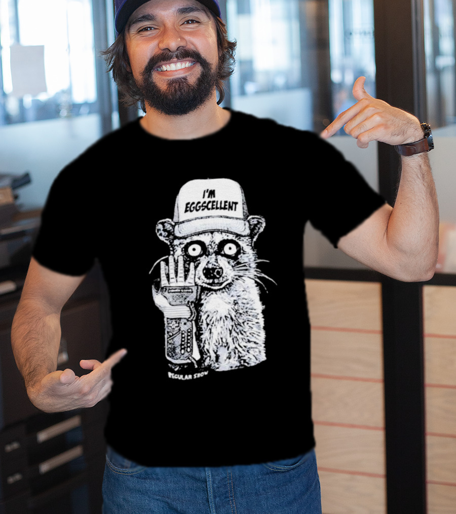 I'm Eggscellent Rigby Regular Show Raccoon Wearing Hat With Cybernetic Arm T-Shirt