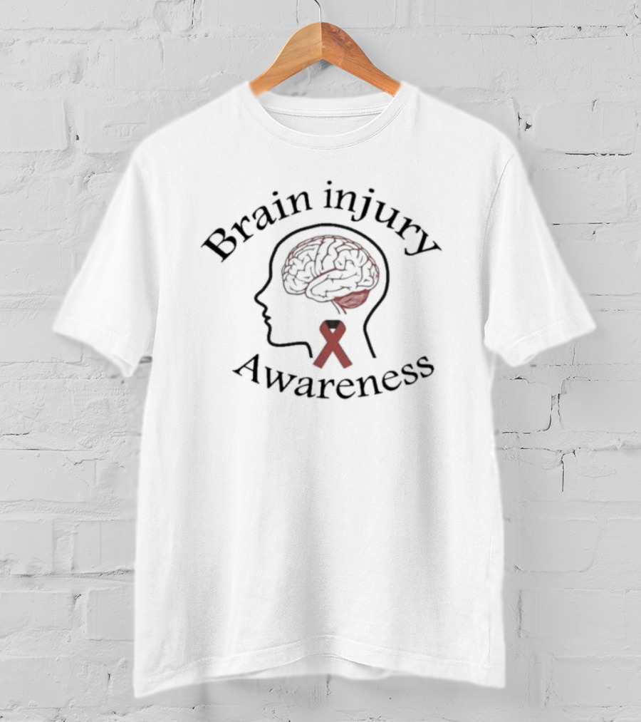Brain Injury Awareness Red Ribbon Head Silhouette With Brain Outline T-Shirt