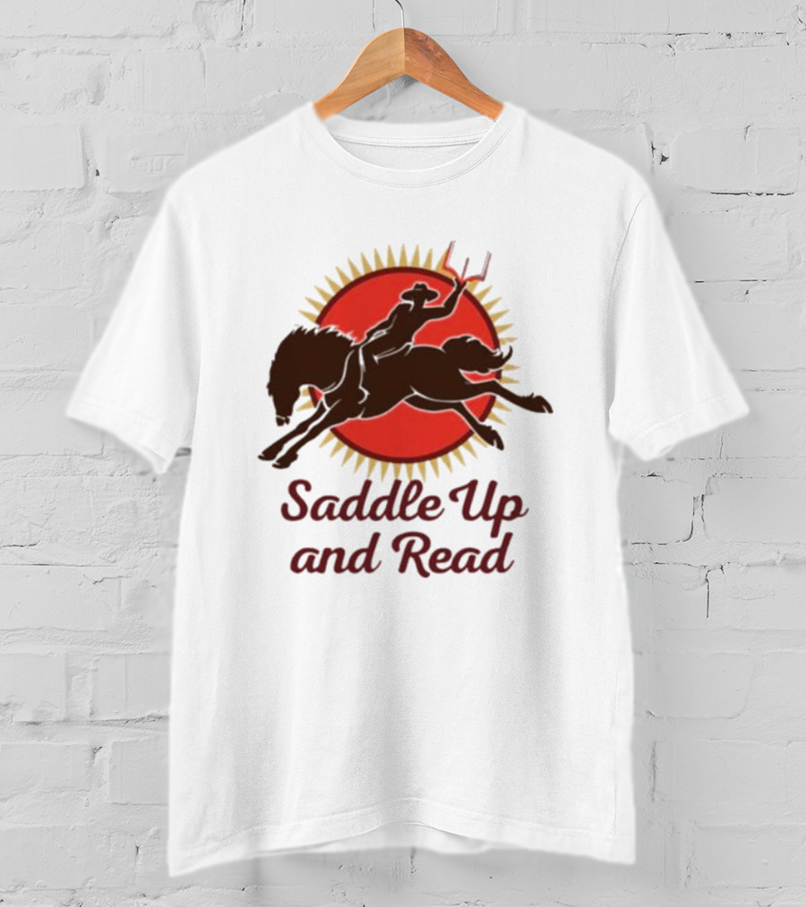 Saddle Up And Read Horseback Silhouette Against Sunburst T-Shirt