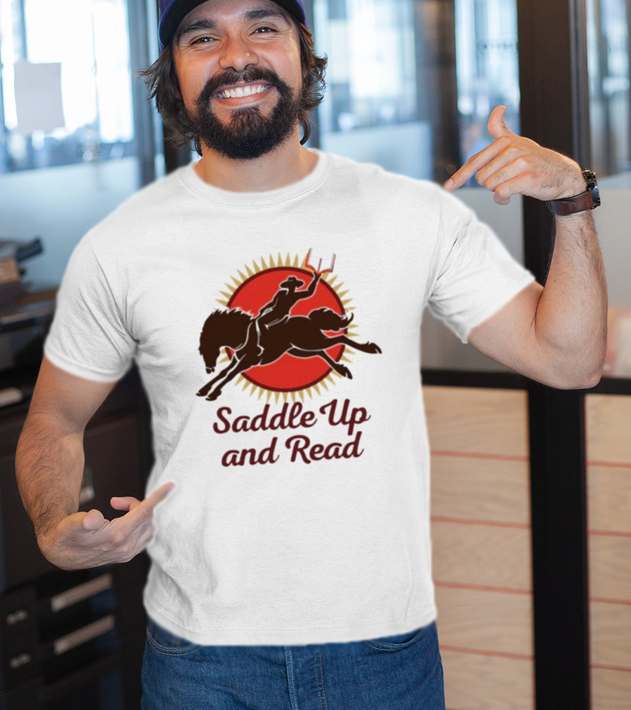 Saddle Up And Read Horseback Silhouette Against Sunburst T-Shirt