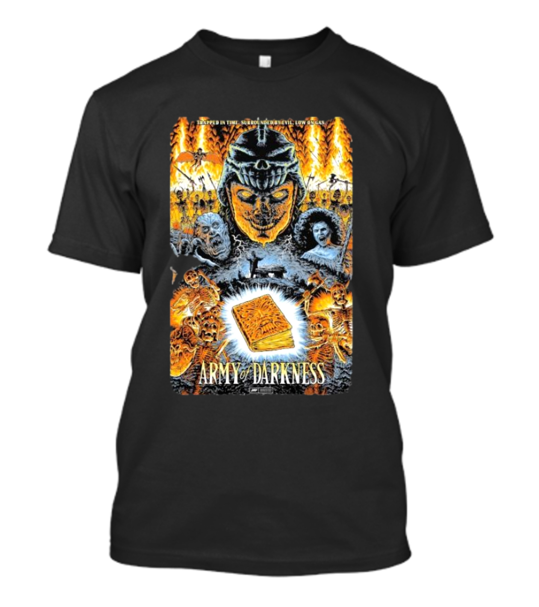 Trapped In Time Surrounded By Evil Low On Gas Army Of Darkness Necronomicon Evil Dead Horror Collage T-Shirt
