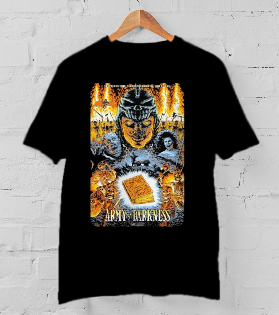 Trapped In Time Surrounded By Evil Low On Gas Army Of Darkness Necronomicon Evil Dead Horror Collage T-Shirt
